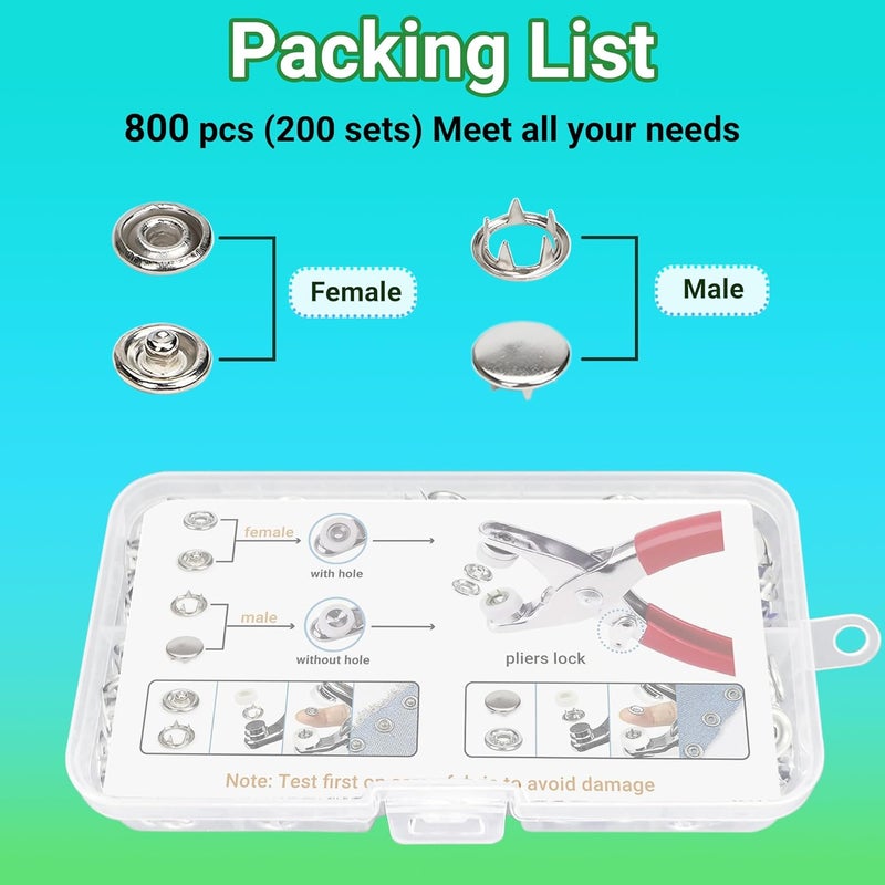 PIGORY 803Pcs Metal Snaps for Fabric, 10 Colors Solid Sewing Snaps with Fastener Pliers Press Tool Kit, 9.5mm Snap Button Kits for DIY Crafting Clothing - Image 4